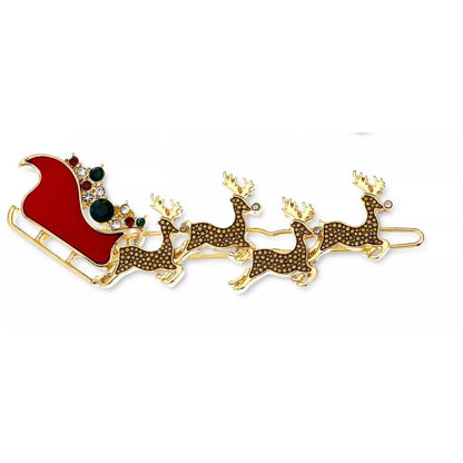 Gold Tone Crystal Xmas Santa Sleigh Barrette Hair Clip 2pc Set Reindeer Chic NWT