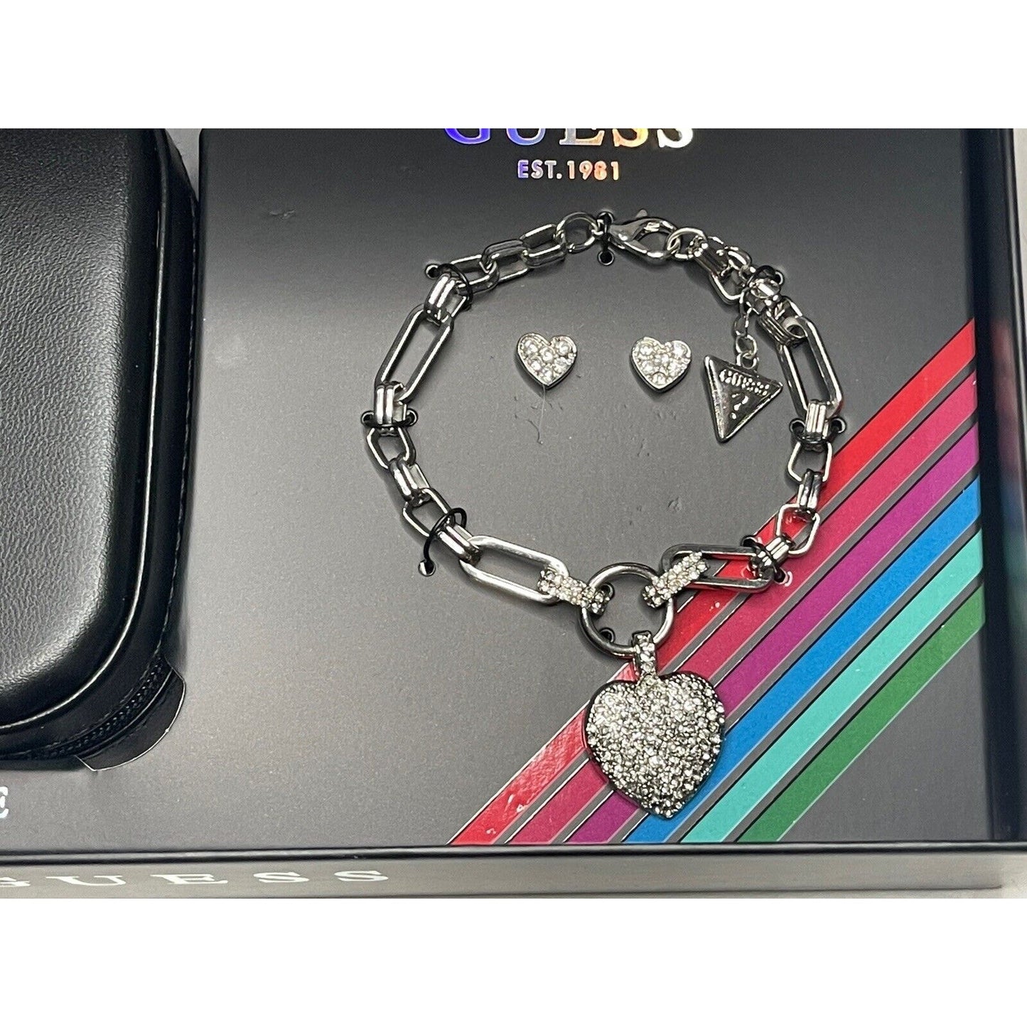 Guess Silver Tone Heart Charm Bracelet Earrings (3pc Set) Fashion Stylish Vday