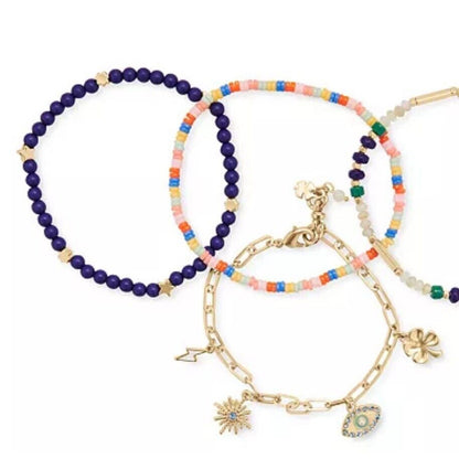 Lucky Brand Bracelet Set Gold Tone 4 Pc Crystal Beads Evil Eye Charm Chic Ladies