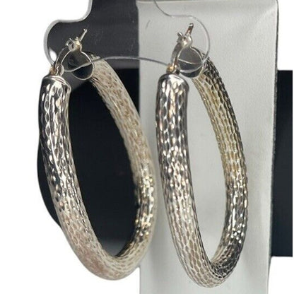 Sterling Silver Textured Oval Hoop Earrings Elegant Statement Stunning Fashion