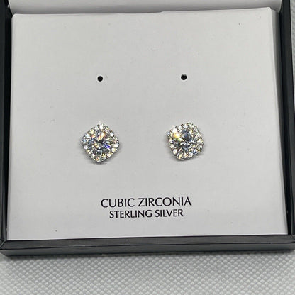 Sterling Silver Halo CZ Stud Earrings Glitz Fashion Chic Style Trendy Shiny NWT