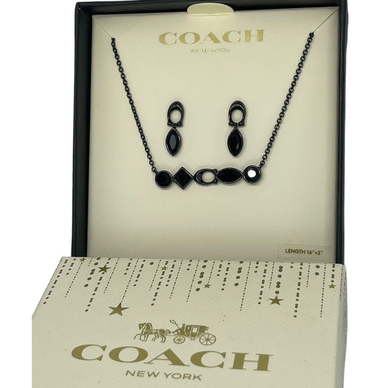 Coach Crystal Necklace Earrings 2pc Set Black Tone Chic Designer Luxury Trendy