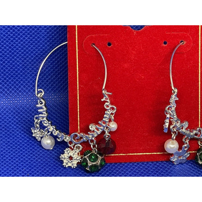 Silver Tone Crystal Xmas Earrings Faux Pearl Merry Christmas Holidays Snowflake