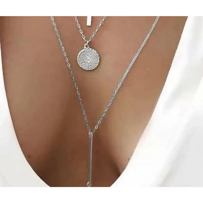 Silver Tone Star Disc Pendant Necklace Layered Chic Stylish Dainty Stunning NWT