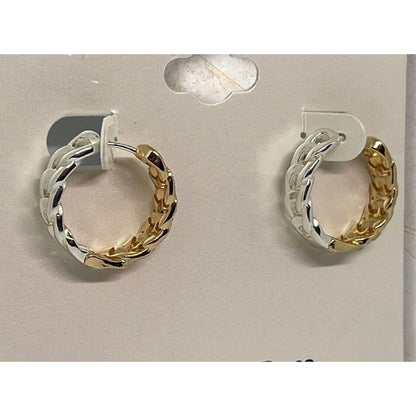 18K Gold Plate Chain Hoop Earrings CZ Two Tone Chic Trendy Fashion Cocktail NWT