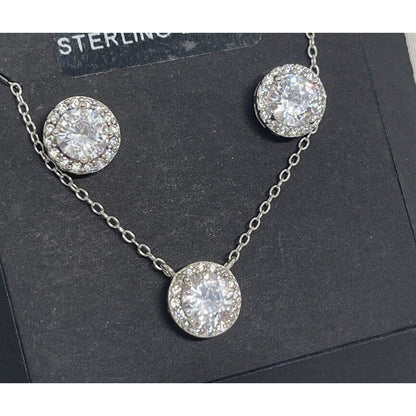 Sterling Silver CZ Necklace Earrings (2pc Set) Chic Glitz Trendy Stylish Vday