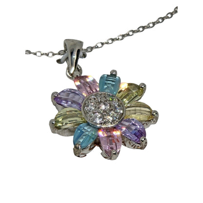 Sterling Silver Flower Pendant Necklace CZ Stunning Glitz Shiny Elegant Chic NWT