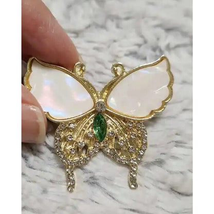 Gold Tone Faux Mother Of Pearl Butterfly Brooch Pin Crystal Chic Style Stunning