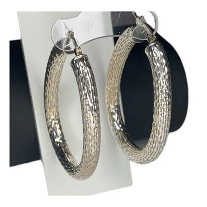 14K White Gold Vermeil Oval Hoop Earrings Stunning Textured Chic Elegant Fashion