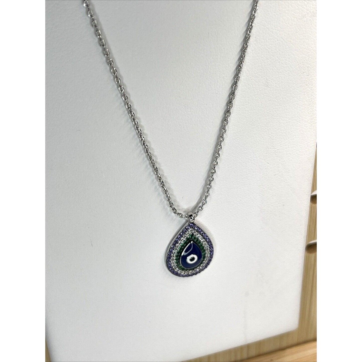 Silver Plated CZ Evil Eye Necklace Intricate Teardrop Style Trendy Stunning Chic