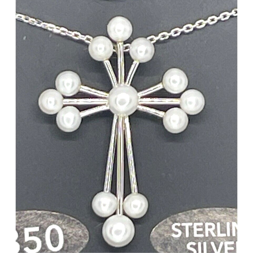 Pearl (3-4.5mm) Sterling Silver Cross Pendant Necklace Luxury Stunning Intricate