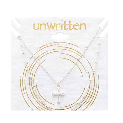 Unwritten Silver Plated CZ Cross Pendant Necklace Faith Style Minimal Shiny NWT