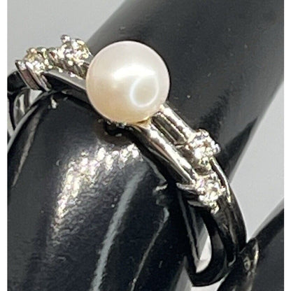 Pearl (5mm) Sterling Silver Ring Lab Sapphire (Sz 7) Stunning Luxury Chic Trendy