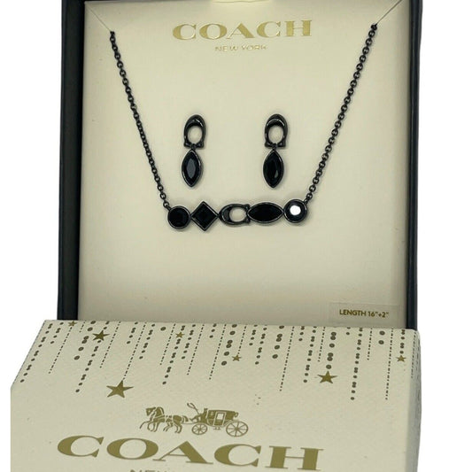 Coach Crystal Necklace Earrings 2pc Set Black Tone Chic Designer Luxury Trendy