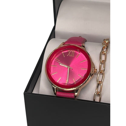 Gold Tone Faux Leather Pink Watch Bracelet (3pc Set) Stunning Style Trendy Vday