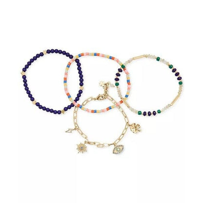 Lucky Brand Bracelet Set Gold Tone 4 Pc Crystal Beads Evil Eye Charm Chic Ladies