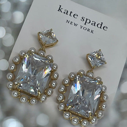 Kate Spade Faux Pearl Victoria Drop Halo Earrings Gold Tone CZ Chic Trendy Style