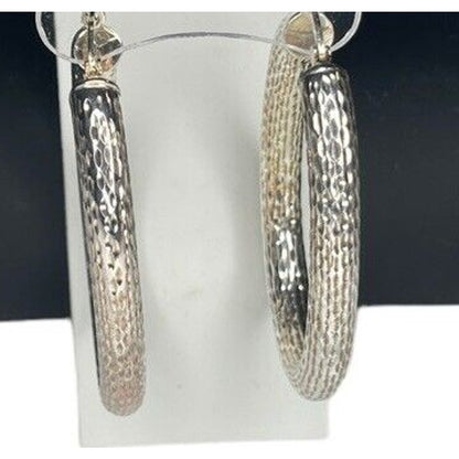 14K White Gold Vermeil Oval Hoop Earrings Stunning Textured Chic Elegant Fashion