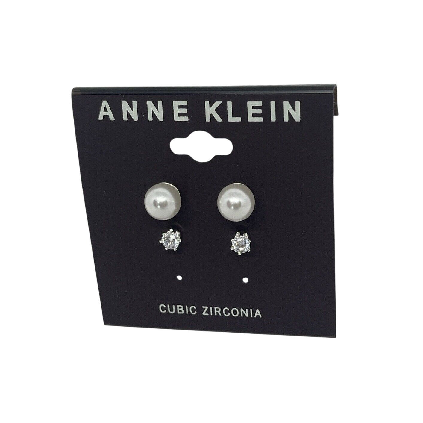 Anne Klein Silver Tone Faux Pearl CZ Earrings (2pc Set) Elegant Chic Trendy NWT