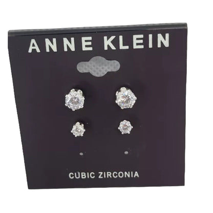 Anne Klein Silver Tone CZ Stud Earrings (2pc Set) Stunning Fashion Style Elegant