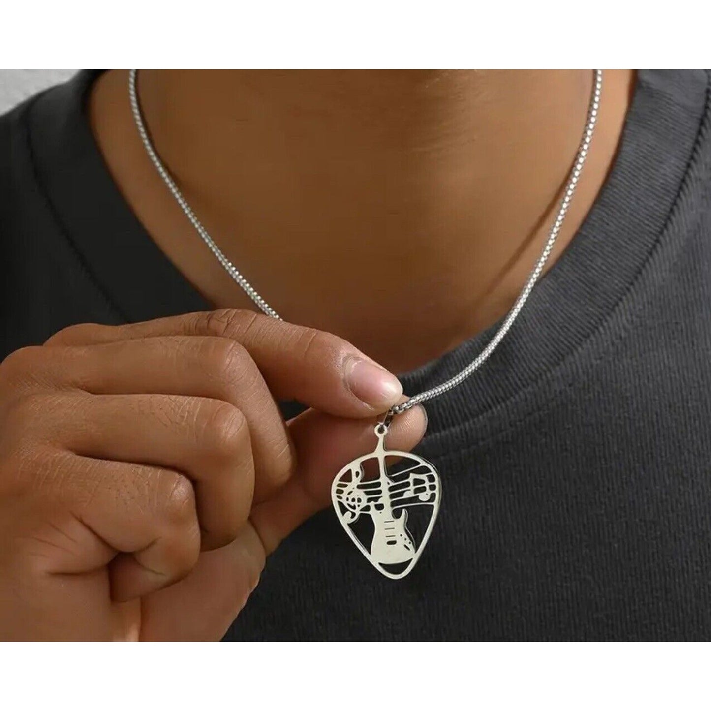 Silver Tone Stainless Steel Guitar Pendant Necklace Music Fashion Style Unisex