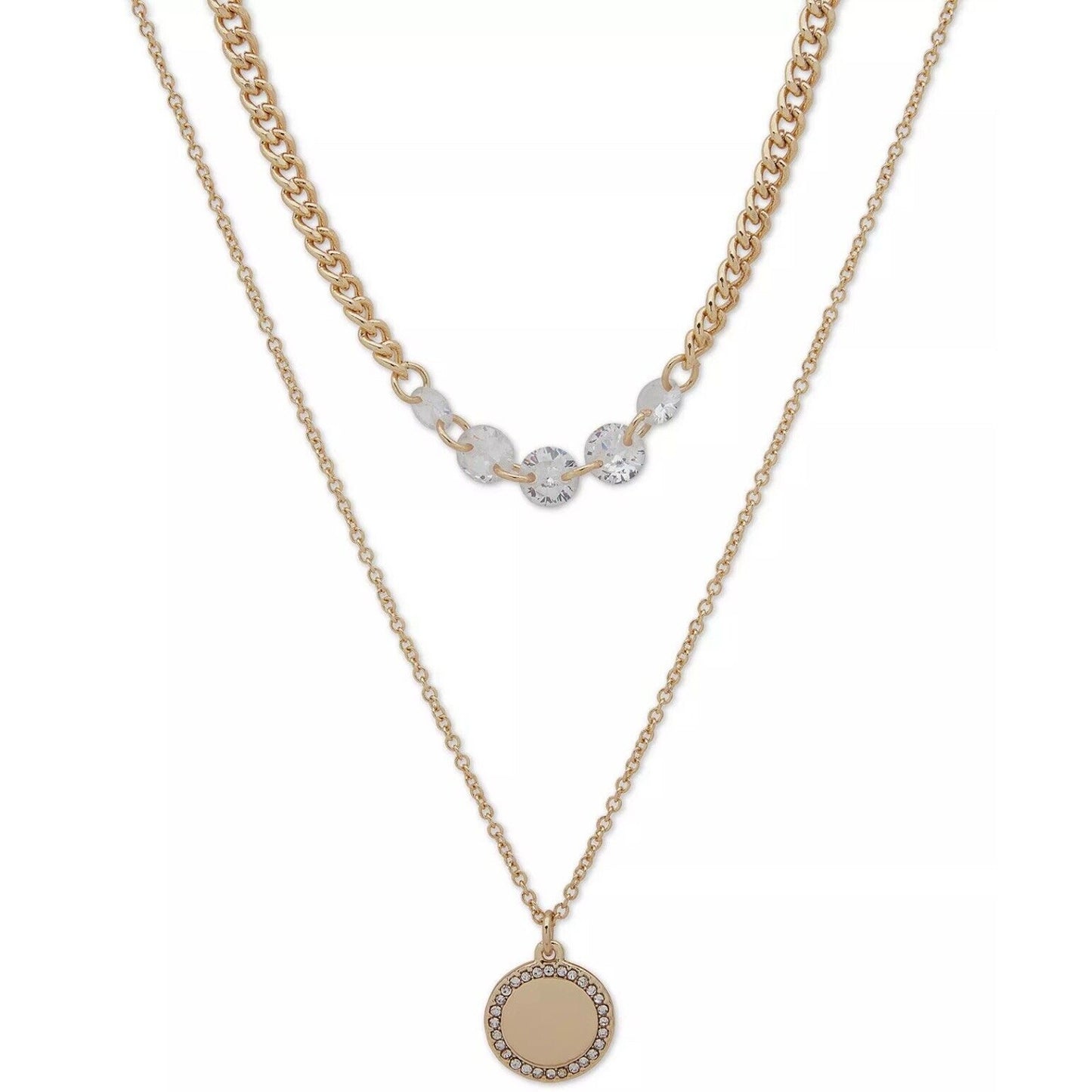 DKNY Gold Tone Crystal Disc Pendant Necklace Layered Stylish Fashion Trendy Chic