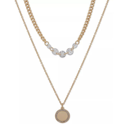 DKNY Gold Tone Crystal Disc Pendant Necklace Layered Stylish Fashion Trendy Chic