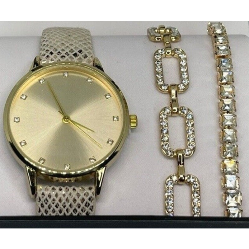 Gold Tone Snake Print Heart Bracelet Watch (3pc Set) Stunning Style Trendy Vday