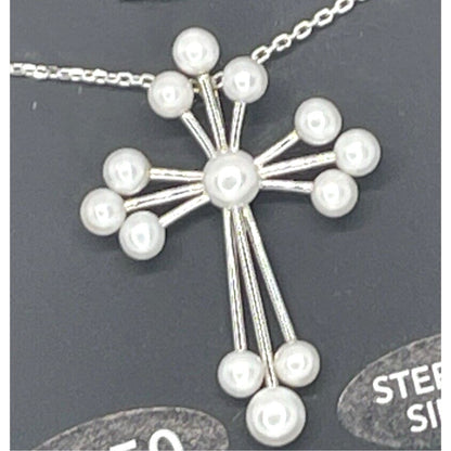 Pearl (3-4.5mm) Sterling Silver Cross Pendant Necklace Luxury Stunning Intricate