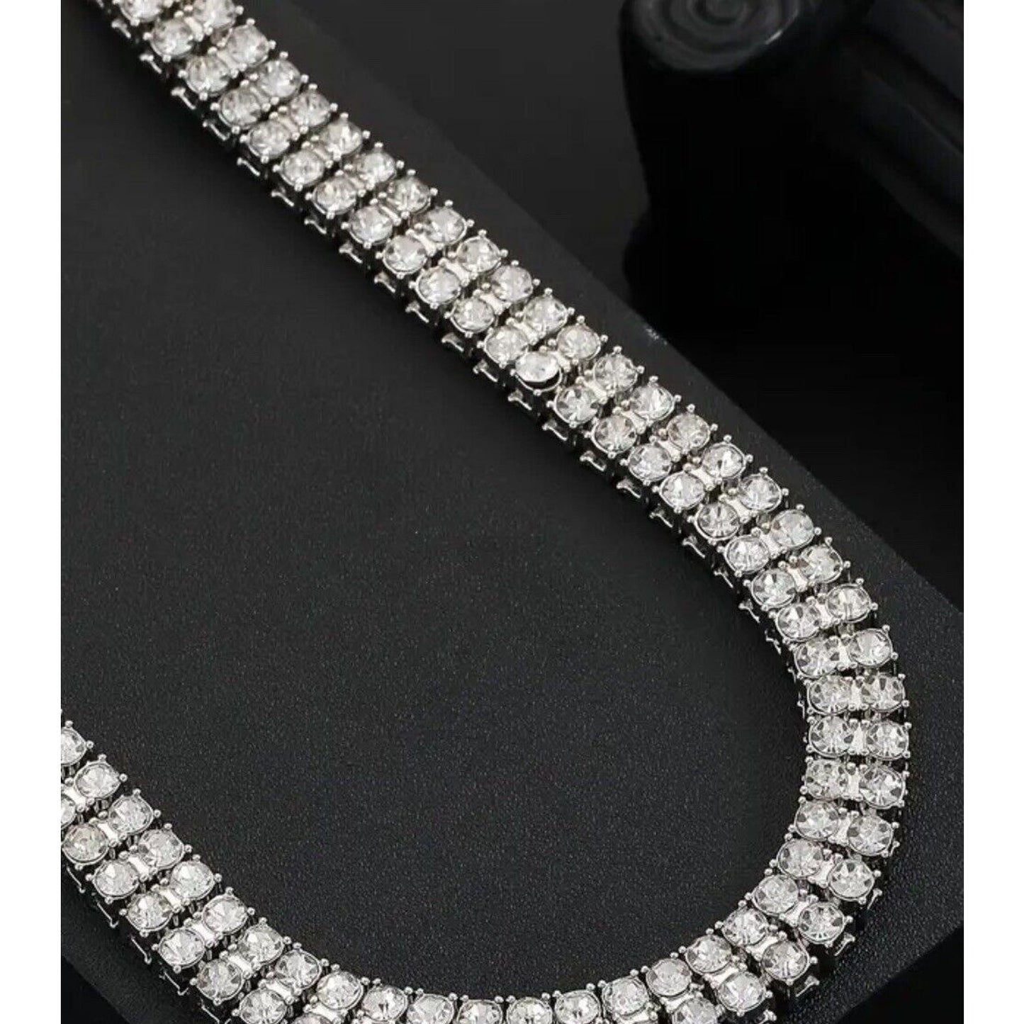 Silver Tone CZ Double Row Tennis Necklace Iced Out Bling Flashy Shiny Style NEW