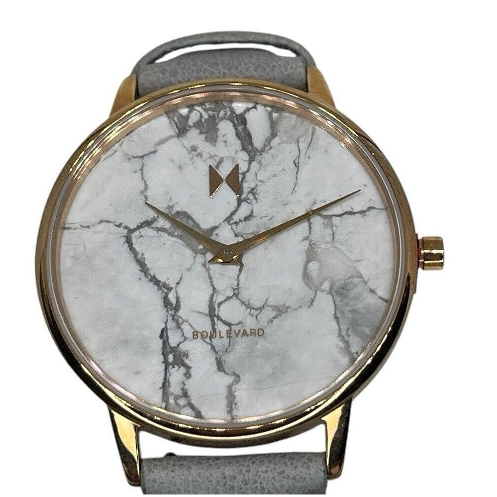 MVMT Gold Tone Stainless Steel Marble Watch Gray Leather Strap 38mm Chic Elegant