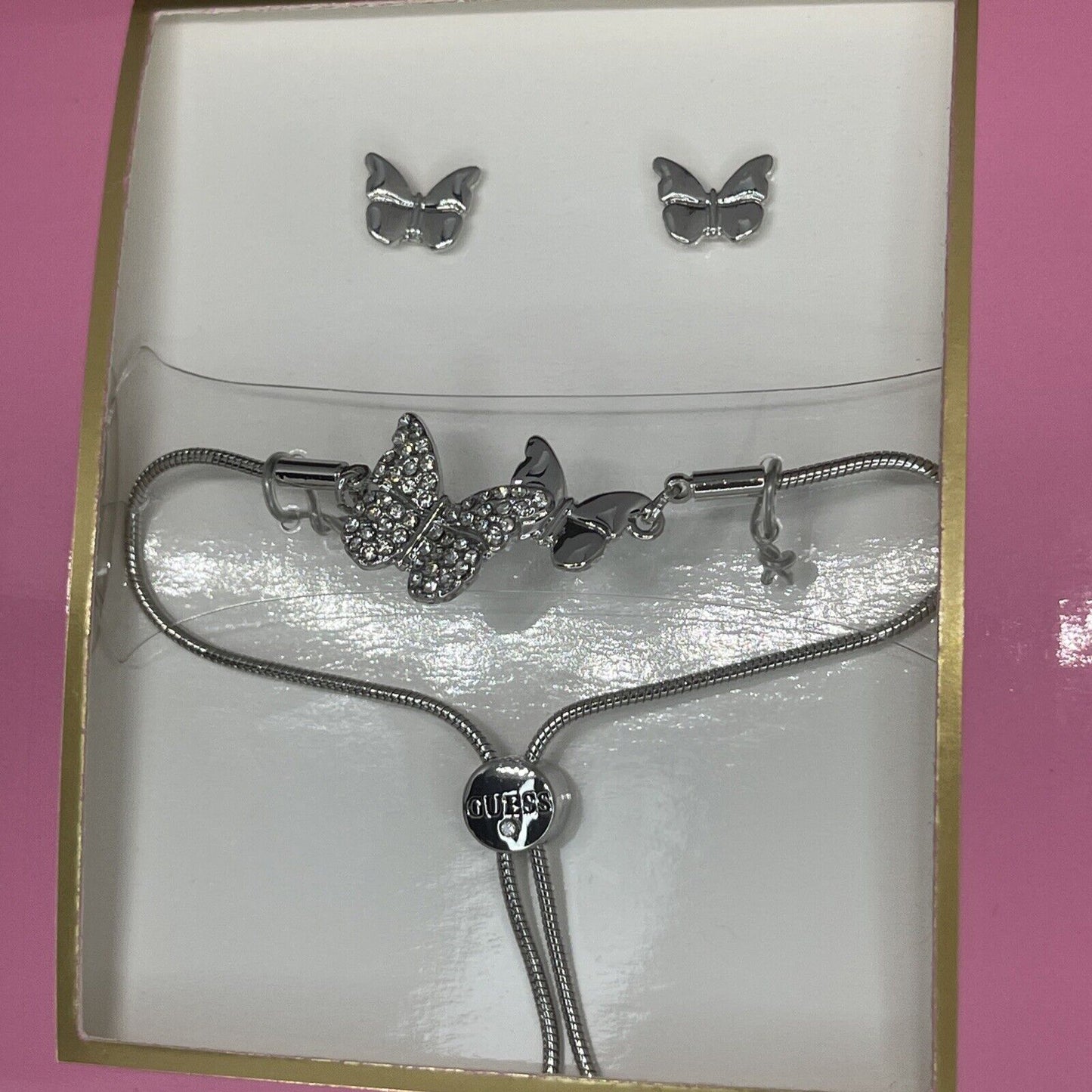 Guess Silver Tone Butterfly Bracelet Earrings (2pc Set) Fashion Chic Trendy Vday