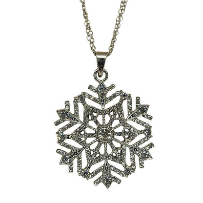 Silver Tone Crystal Snowflake Pendant Necklace 36” Christmas Holiday Stunning