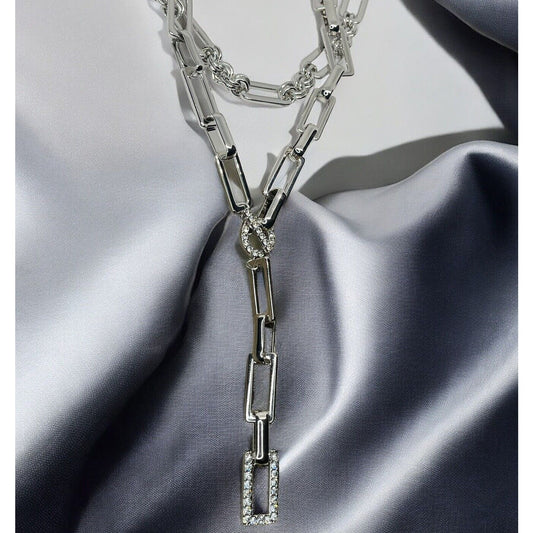 Silver Tone Crystal Chain Drop Necklace Stunning Statement Trendy Fashion Shiny