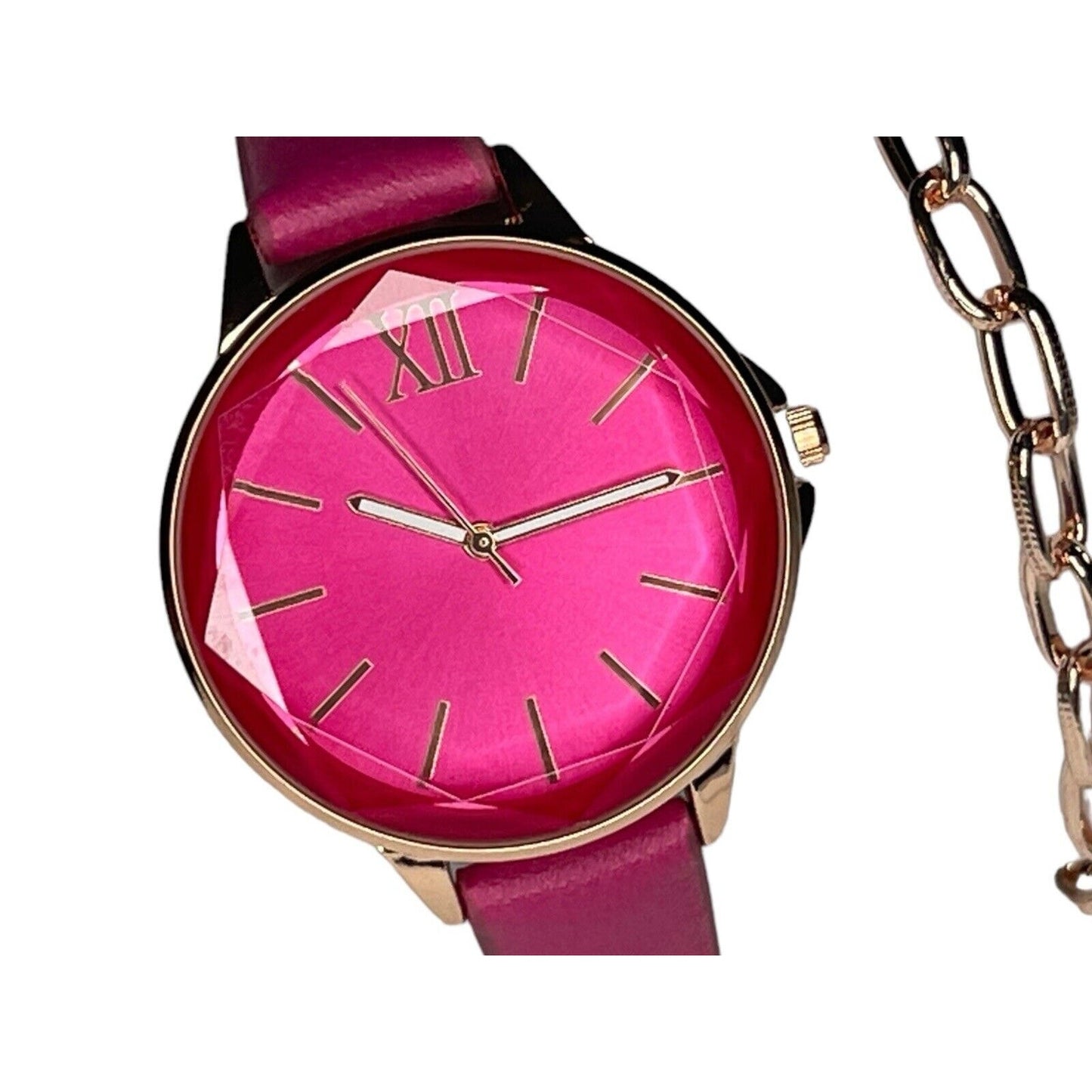 Gold Tone Pink Watch (2pc Set) Chic Faux Leather Band Chain Bracelet Trendy NWT