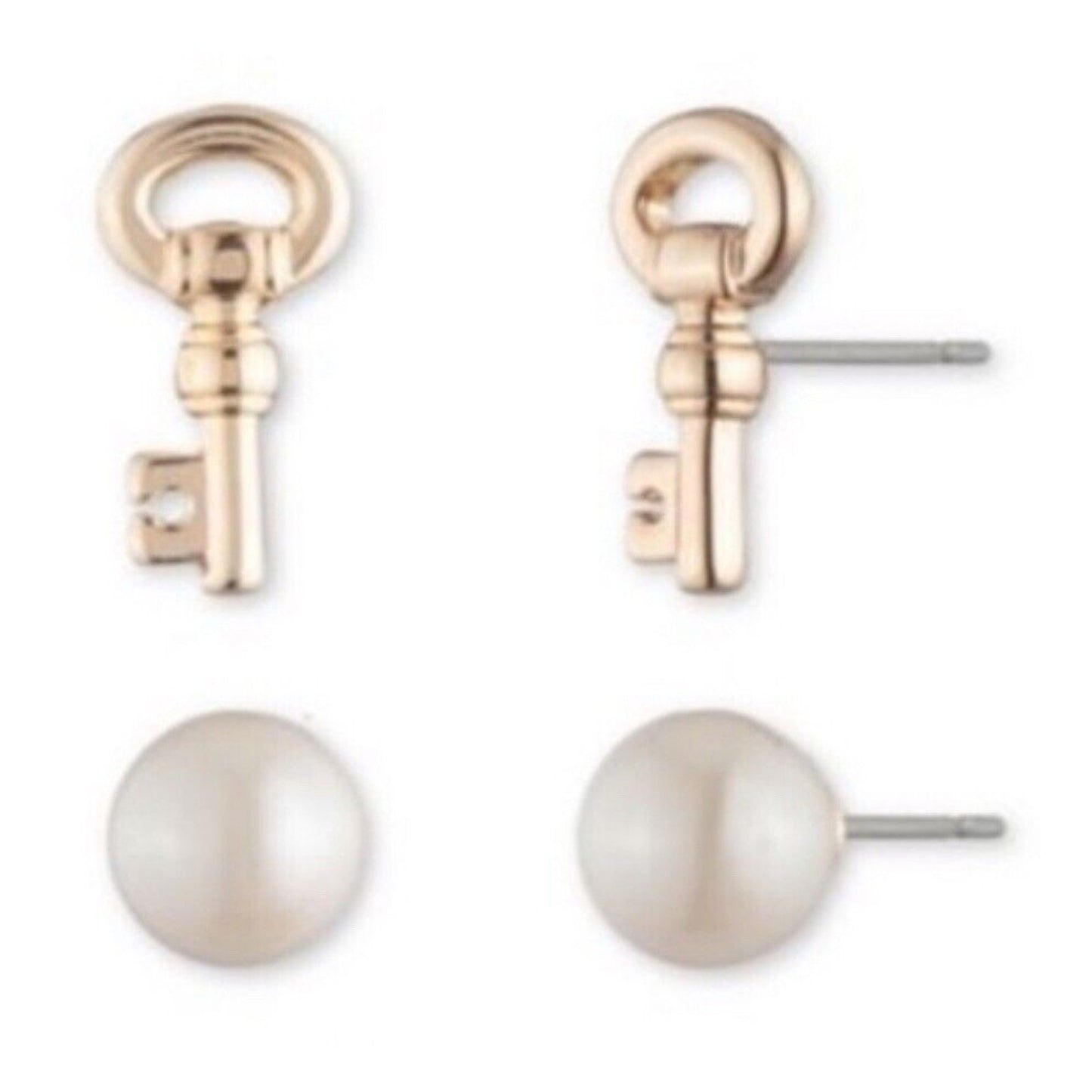 Ralph Lauren Rose Quartz Faux Pearl Earrings 3pc Set Gold Plate Elegant Chic Key