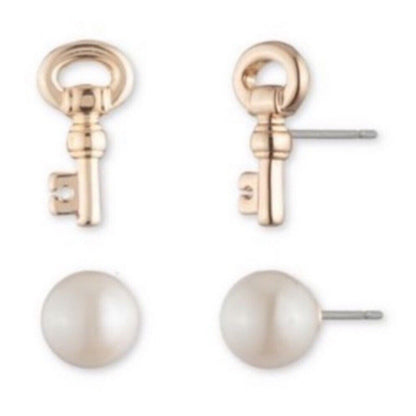 Ralph Lauren Rose Quartz Faux Pearl Earrings 3pc Set Gold Plate Elegant Chic Key