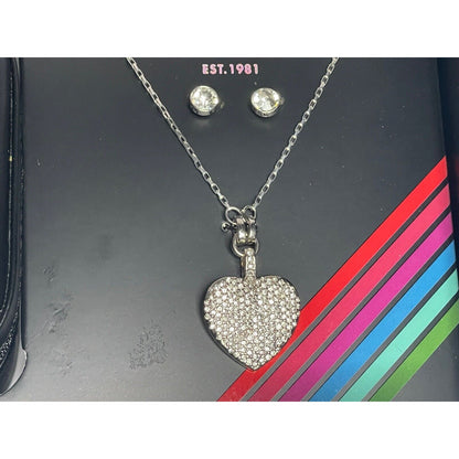 Guess Silver Tone Heart Charm Necklace Earrings (3pc Set) Chic Trendy Style Vday