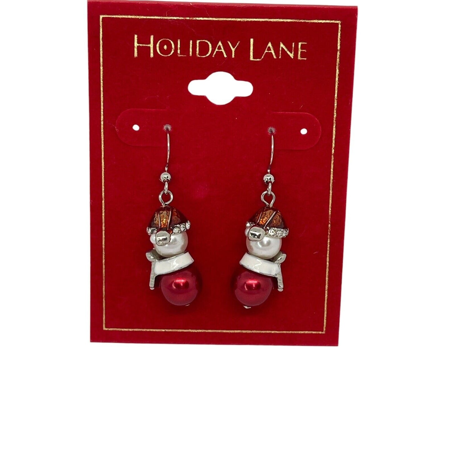 Gold Tone Faux Pearl Xmas Snowman Earrings Crystal Stunning Holidays Christmas