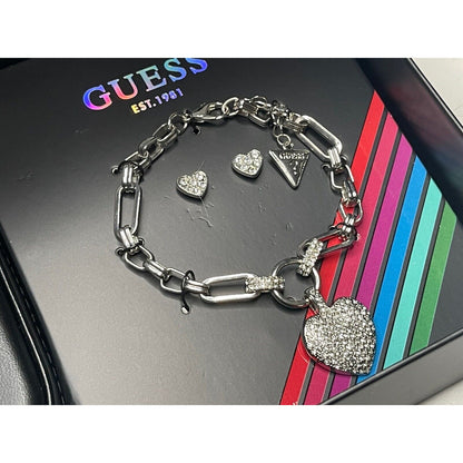 Guess Silver Tone Heart Charm Bracelet Earrings (3pc Set) Fashion Stylish Vday