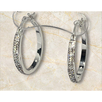 Silver Plated Pave Crystal Hoop Earrings Stunning Fashion Glitz Stylish Elegant