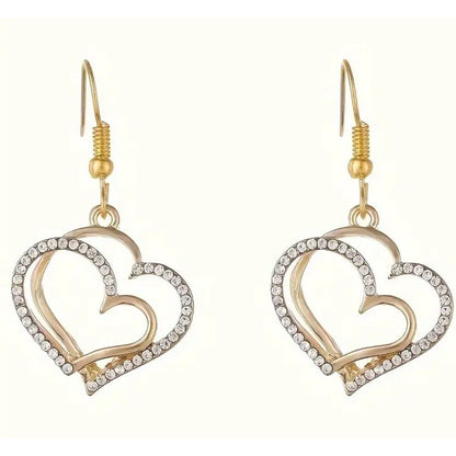 Gold Tone Crystal Double Heart Necklace Earrings (2pc Set) Chic Style Shiny Vday