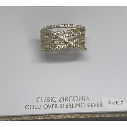 18K Gold Vemeil CZ Ring Crossover (Sz 7) Chic Trendy Fashion Stunning Style NWT