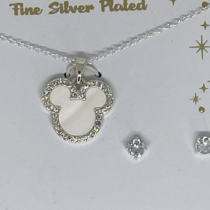 Disney Silver Plated Faux Pearl Necklace Earrings (2pc Set) Mickey Ears NWT Vday