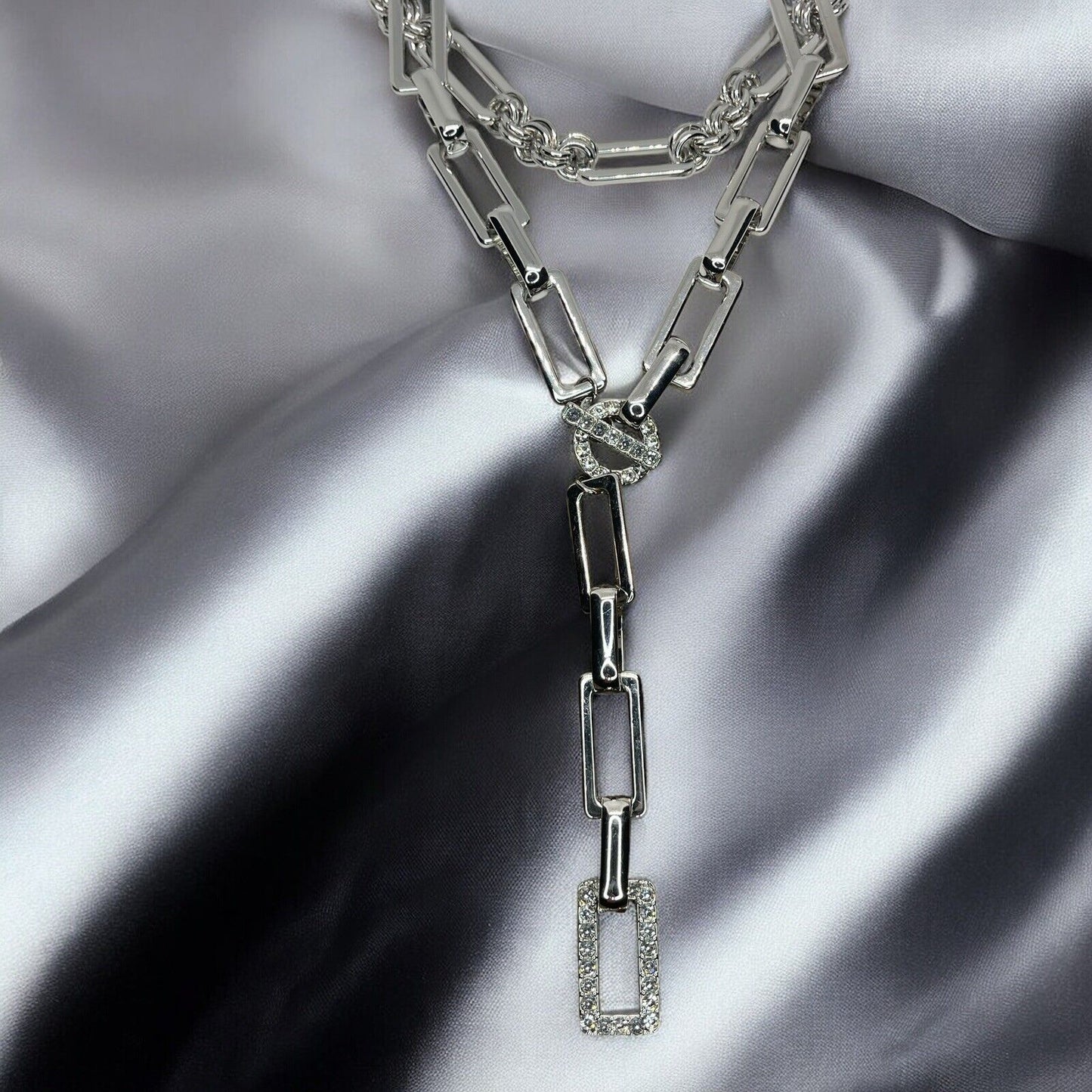 Silver Tone Crystal Chain Drop Necklace Stunning Statement Trendy Fashion Shiny