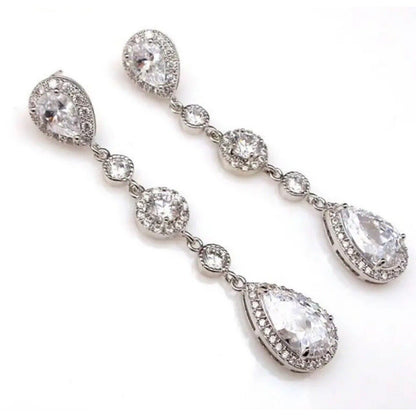 Silver Plated Crystal Teardrop Dangle Earrings Stunning Chic Elegant Fashion NWT