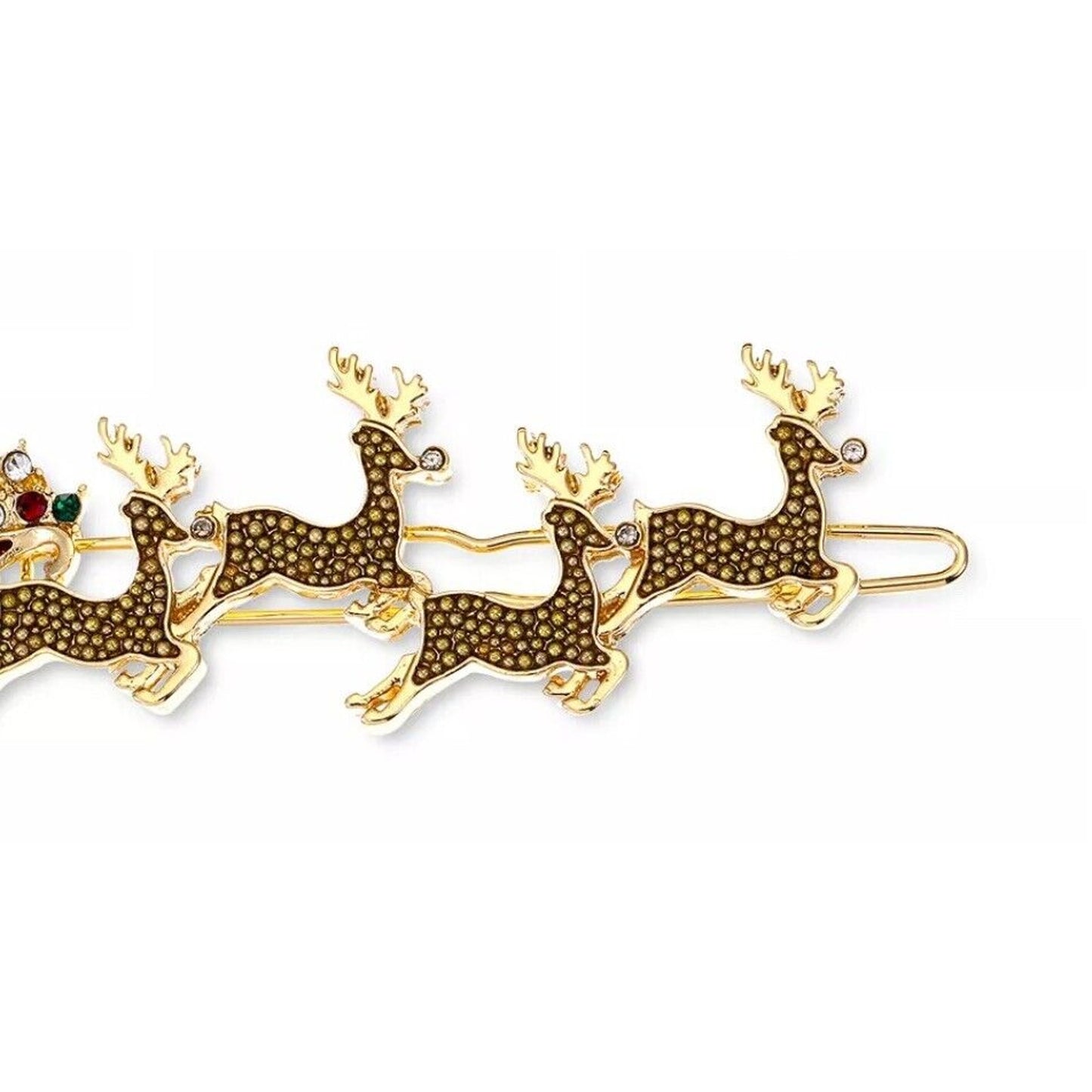 Gold Tone Crystal Xmas Santa Sleigh Barrette Hair Clip 2pc Set Reindeer Chic NWT