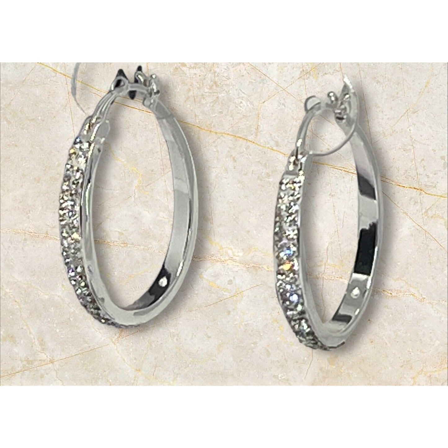 Silver Plated Pave Crystal Hoop Earrings Stunning Fashion Glitz Stylish Elegant