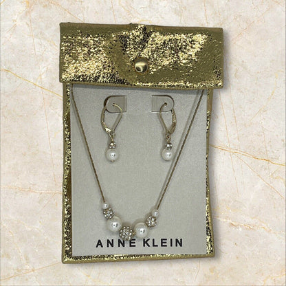 Anne Klein Intricate Faux Pearl Necklace Earrings 2 Pc Set Crystal Gold Tone NWT