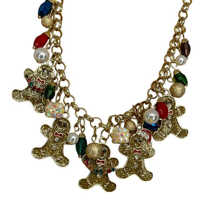 Gold Tone Faux Pearl Gingerbread Man Necklace Christmas Holiday Elegant Xmas NWT